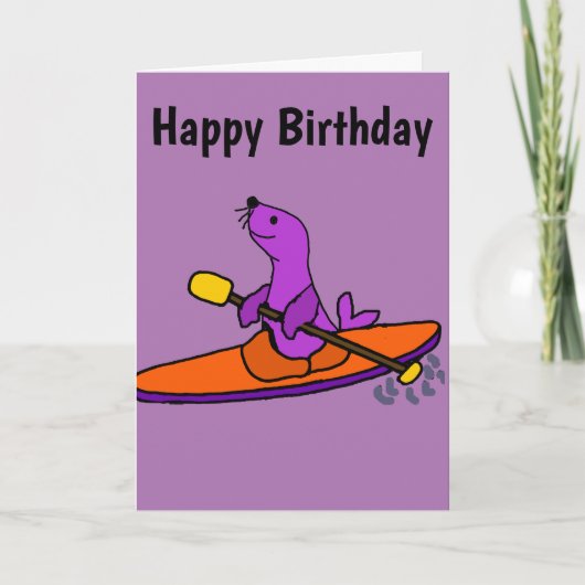Funny Purple Seal Kayaking Cartoon Kaart (Voorkant)