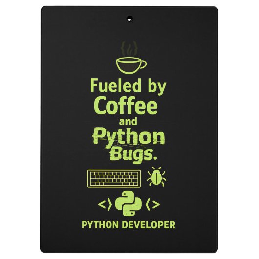 Funny Python Developer – Fueled by Coffee bugs Klembord (Achterkant)