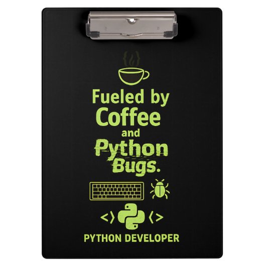 Funny Python Developer – Fueled by Coffee bugs Klembord (Voorkant)