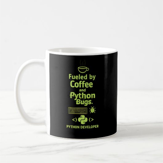 Funny Python Developer – Fueled by Coffee bugs  Koffiemok (Links)
