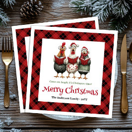 Funny quirky chickens Christmas napkin custom name Servet