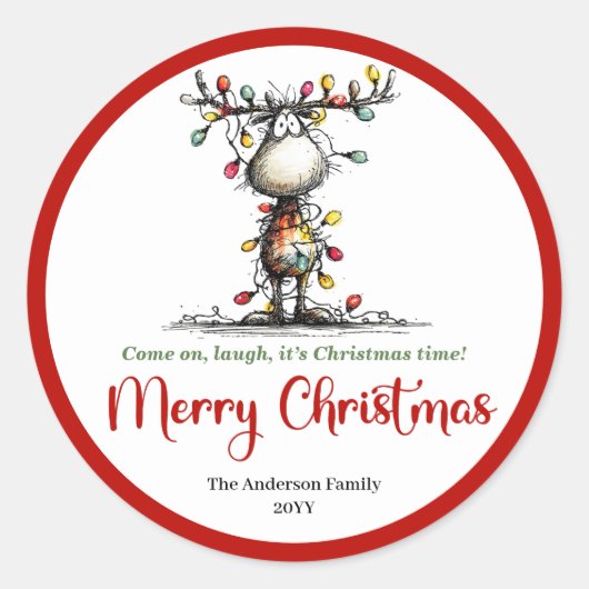 Funny quirky reindeer sticker with Christmas light (Voorkant)