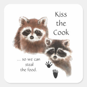 Funny Quote Kus the Cook Cute Raccoons, Animal Vierkante Sticker