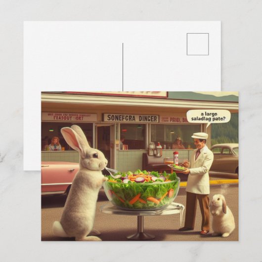 Funny Rabbit Bestelt Salade bij een Diner AI Art Briefkaart (Voorkant / Achterkant)