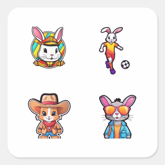 Funny Rabbit Doodle Art Style 4 Pack Stickers (Voorkant)