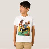 Funny Rabbit Riding A Black Dog Cartoon T-shirt (Voorkant volledig)