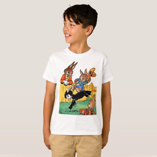Funny Rabbit Riding A Black Dog Cartoon T-shirt (Voorkant volledig)