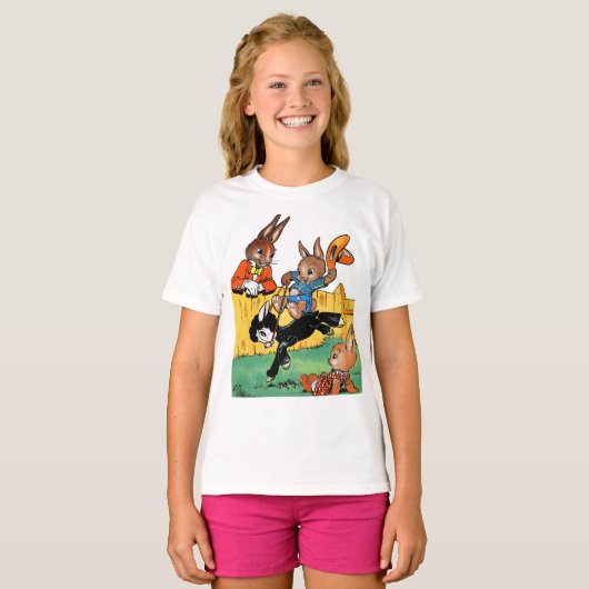 Funny Rabbit Riding A Black Dog Cartoon T-shirt (Voorkant volledig)