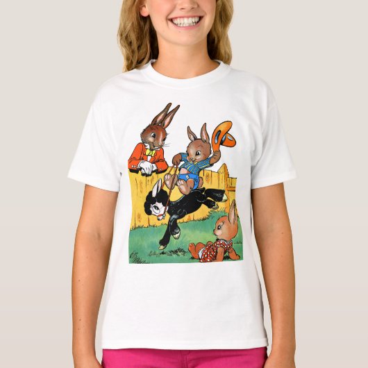 Funny Rabbit Riding A Black Dog Cartoon T-shirt (Voorkant)