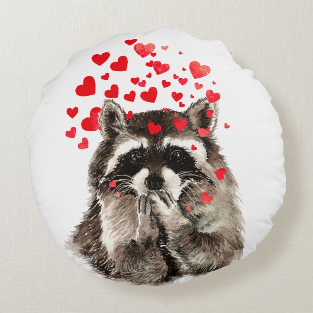 Funny Raccoon Blowkisses & Love Hearts Rond Kussen (Achterkant)