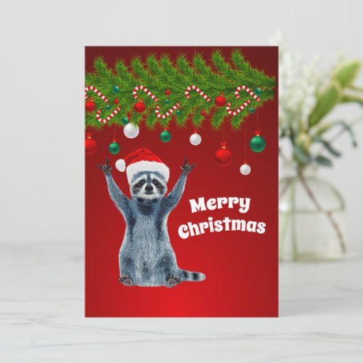 Funny Raccoon met Santa hat | kerstcadeaus Bedankkaart (Staand voorkant)