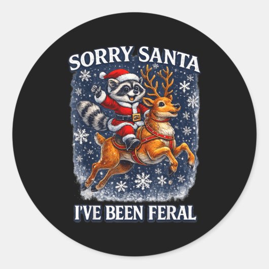 Funny Raccoon Riding Reindeer Sorry Santa Christma Ronde Sticker (Voorkant)