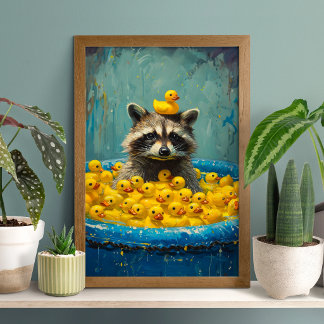 Funny Raccoon Rubber Duck Pool Poster