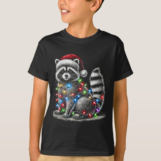 Funny Raccoon Santa Hat Christmas Tree Lights Paja T-shirt (Voorkant)