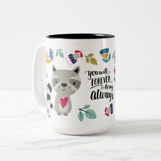 Funny Raccoon Valentijnsdag Gift Tweekleurige Koffiemok (Voorkant links)