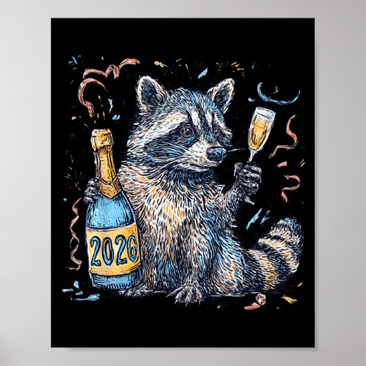 Funny Raccoon With Champagne Disco Ball New Years  Poster (Voorkant)
