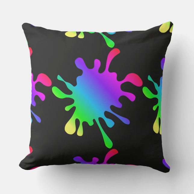 Funny Rainbow Paint Spletters Black OutdoorPillow Buitenkussen (Voorkant)
