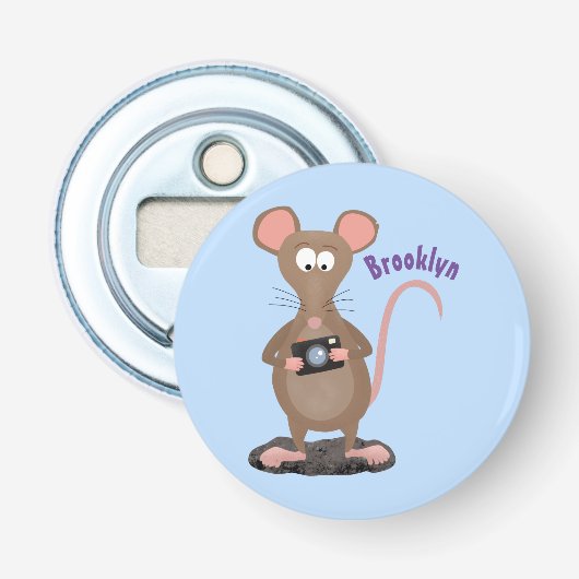Funny rat met camera-cartoon illustratie button flesopener (Voorkant)