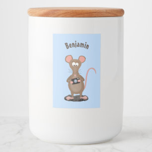 Funny rat met camera-cartoon illustratie voedselcontainer etiket