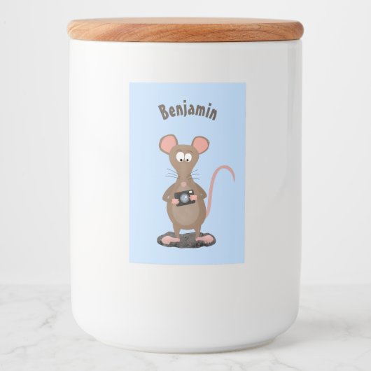 Funny rat met camera-cartoon illustratie voedselcontainer etiket (Voorkant)