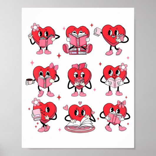 Funny Reading Heart Book Valentines Day Teacher Wo Poster (Voorkant)