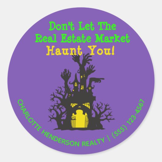 Funny Real Estate Haunted House Halloween Ronde Sticker (Voorkant)