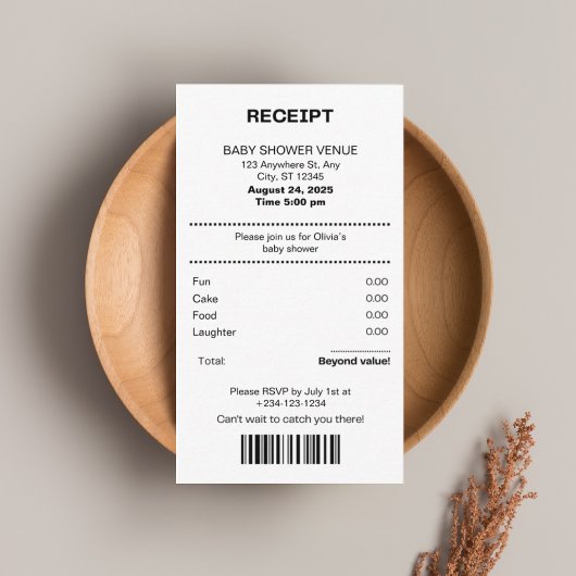 Funny, Receipt theme baby shower invitation Informatiekaartje