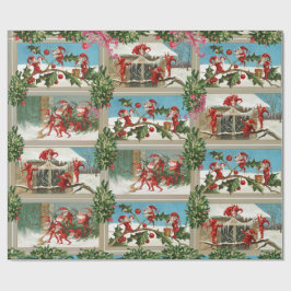 FUNNY RED CHRISTMAS ELVES, HOLLYBERRIES, MISTLETOE CADEAUPAPIER