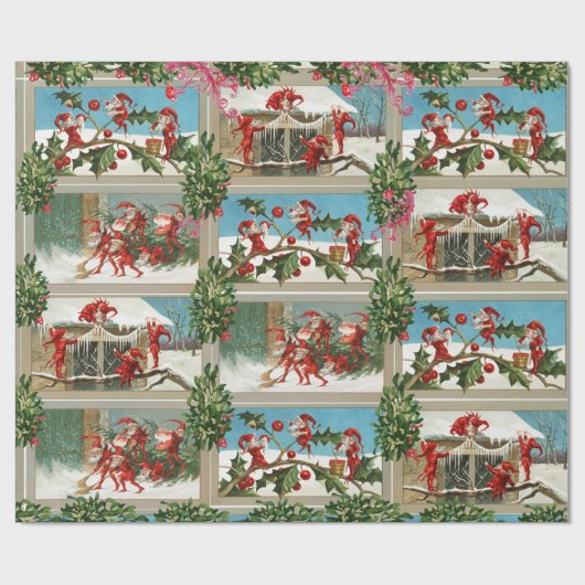 FUNNY RED CHRISTMAS ELVES, HOLLYBERRIES, MISTLETOE CADEAUPAPIER (Vlak)