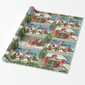 FUNNY RED CHRISTMAS ELVES, HOLLYBERRIES, MISTLETOE CADEAUPAPIER (Uitgerold)