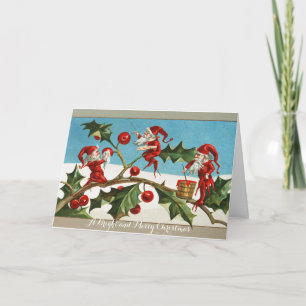 FUNNY RED CHRISTMAS ELVES, HOLLYBERRIES, MISTLETOE FEESTDAGEN KAART