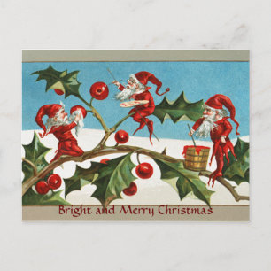FUNNY RED CHRISTMAS ELVES, HOLLYBERRIES, MISTLETOE FEESTDAGENKAART
