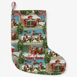 FUNNY RED CHRISTMAS ELVES, HOLLYBERRIES, MISTLETOE KLEINE KERSTSOK
