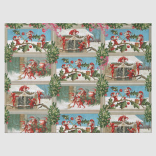 FUNNY RED CHRISTMAS ELVES, HOLLYBERRIES, MISTLETOE TISSUEPAPIER