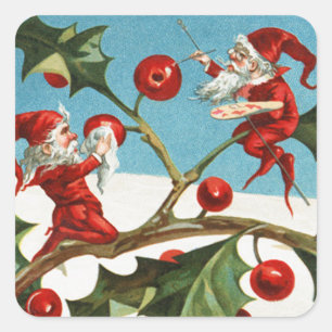 FUNNY RED CHRISTMAS ELVES PAINTING HOLLYBERRIES VIERKANTE STICKER
