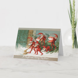 FUNNY RED CHRISTMAS ELVES SWEEPING IN DE SNEEUW FEESTDAGEN KAART