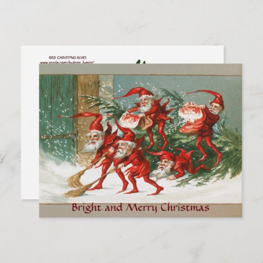 FUNNY RED CHRISTMAS ELVES SWEEPING IN DE SNEEUW FEESTDAGENKAART (Voorkant / Achterkant)