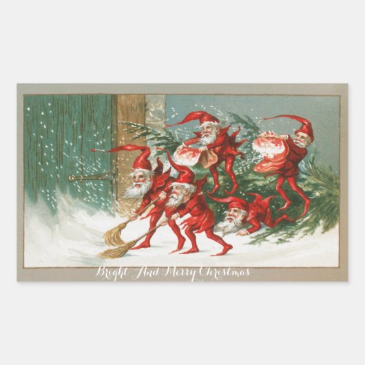 FUNNY RED CHRISTMAS ELVES SWEEPING IN DE SNEEUW RECHTHOEKIGE STICKER (Voorkant)