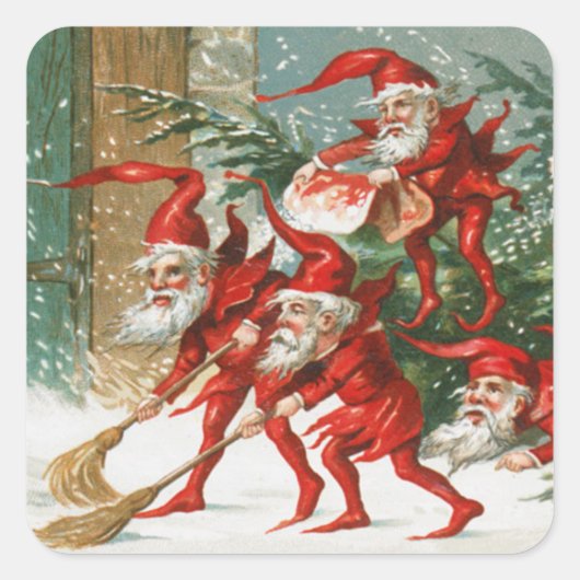FUNNY RED CHRISTMAS ELVES SWEEPING IN DE SNEEUW VIERKANTE STICKER (Voorkant)