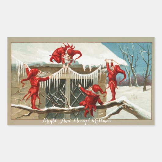 FUNNY RED ELVES EN CHRISTMAS DECOR MET ICLES RECHTHOEKIGE STICKER (Voorkant)