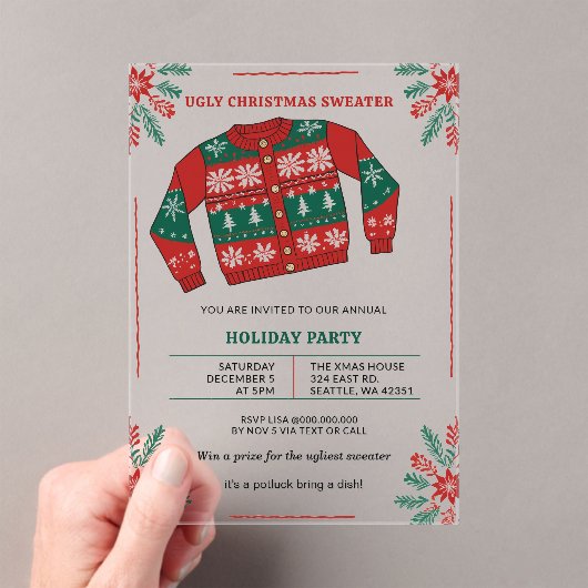 Funny Red Green Ugly Christmas Sweater Party Acryl Uitnodigingen (Insitu (Draagbaar))
