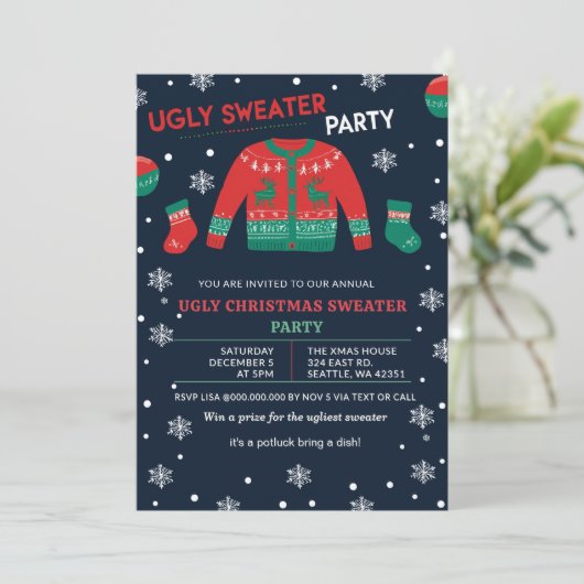 Funny Red Green Ugly Christmas Sweater Party Kaart (Staand voorkant)