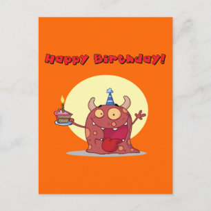 Funny Red Happy Birthday Monster met Cake Briefkaart