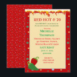 Funny Red Hot 70th Birthday-uitnodigingen Kaart<br><div class="desc">Viel een mijlpaal op de 70ste verjaardag met deze rode, groene, en gele verjaardagsuitnodiging. Grafisch van een rode en groene hete peper en vlammen bij de bovenkant van de pagina, maak deze grappige Uitnodiging van de Dagen perfect voor man of vrouw die 70 draaien. Verander de titel om elk verjaardagsjaar...</div>