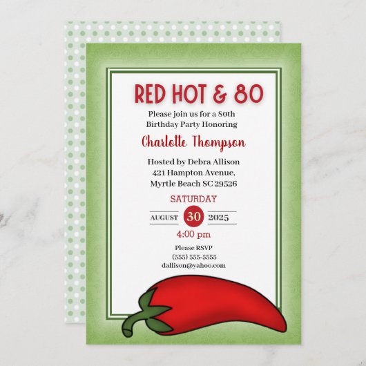 Funny Red Hot 80th Birthday Invitations Kaart (Voorkant / Achterkant)