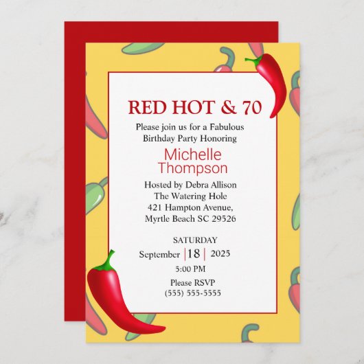 Funny Red Hot Pepper 70th Birthday Invitation Kaart (Voorkant / Achterkant)