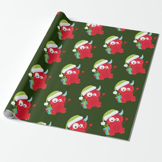 Funny Red Kerstmonster Kinder feestdag Cadeaupapier (Uitgerold)