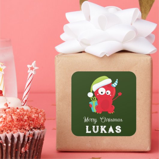 Funny Red Kerstmonster Kinder feestdag Vierkante Sticker (Feest)