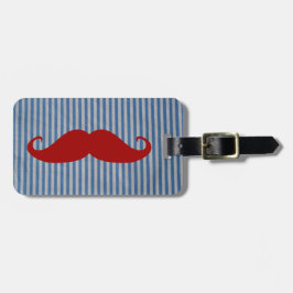 Funny Red Mustache en Blue White Stripes Bagagelabel