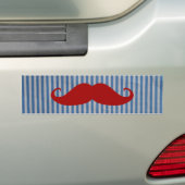 Funny Red Mustache en Blue White Stripes Bumpersticker (Op auto)
